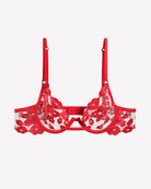Red lace bra with kiss-print embroidery, scalloped cups, and adjustable garter straps