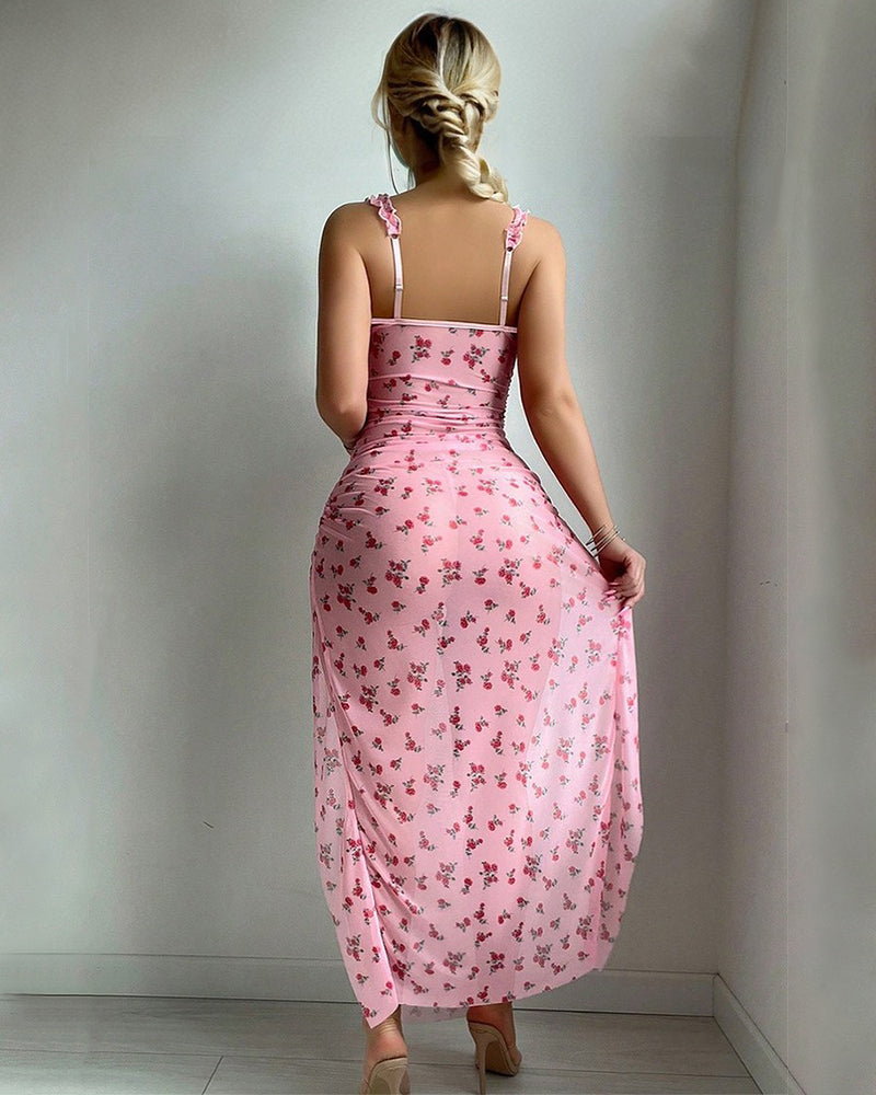 Pink floral backless sleep dress with ruched waist and long side slit
