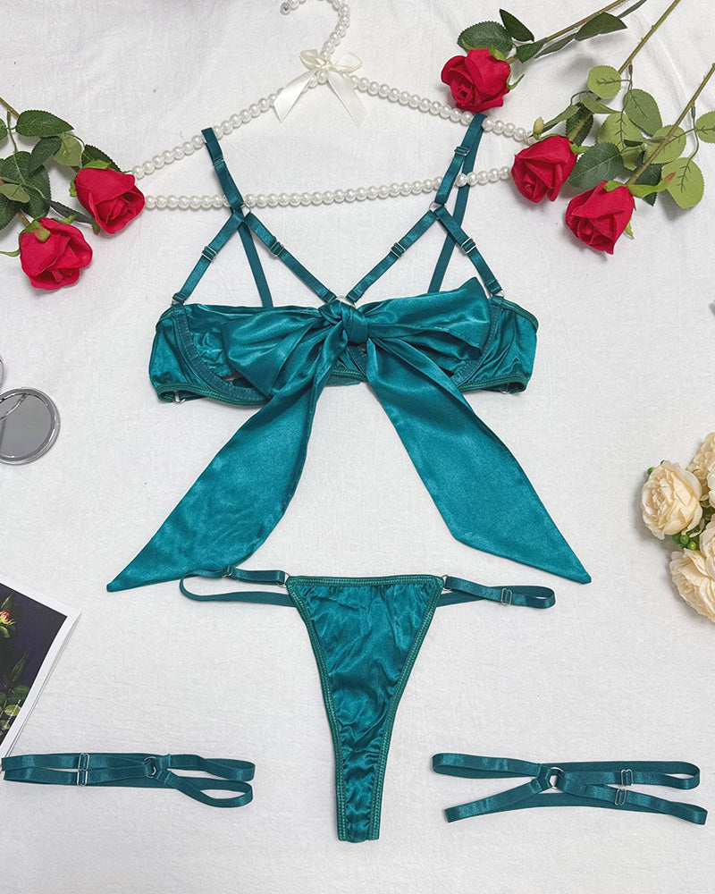 Teal satin strappy bow lingerie set with bra, thong, and garter straps