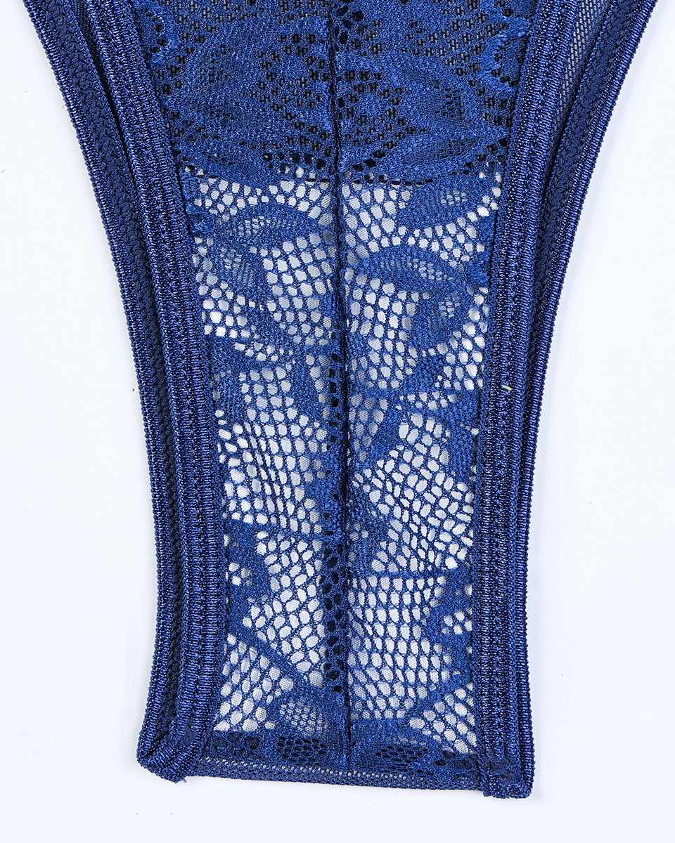 Dark blue sheer lace bodysuit panel with floral pattern and mesh mesh overlay