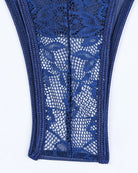 Dark blue sheer lace bodysuit panel with floral pattern and mesh mesh overlay
