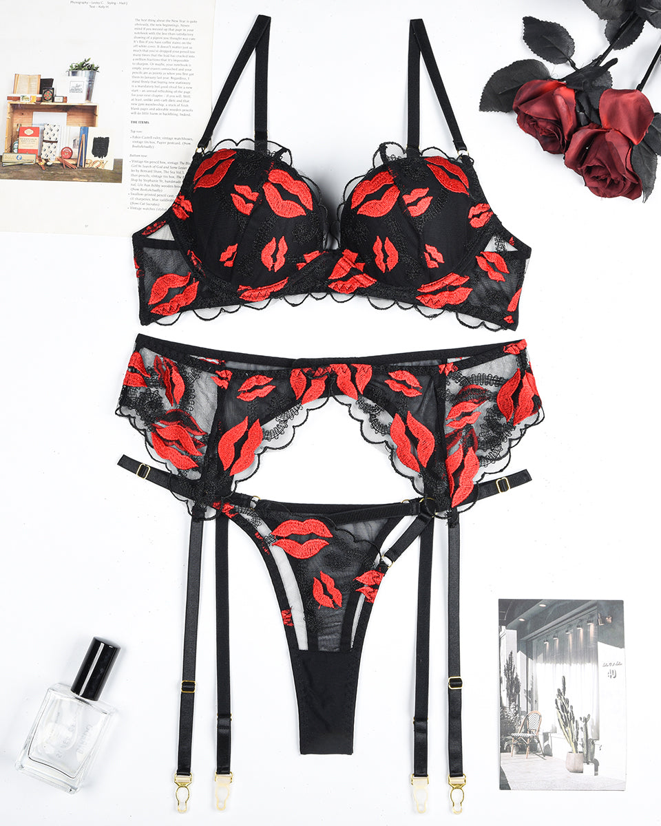 Lace bra and garter belt set, black with red lip and heart embroidery; includes straps and hooks