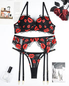 Lace bra and garter belt set, black with red lip and heart embroidery; includes straps and hooks