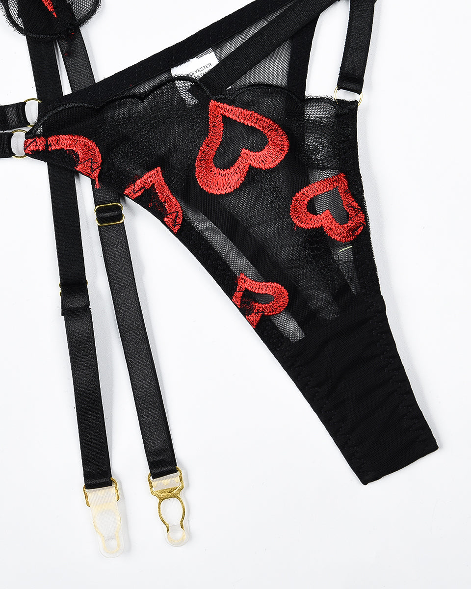 Black mesh lingerie set with red heart embroidery and garter straps