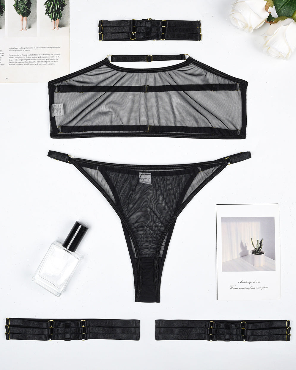 Black sheer mesh bra and thong set with matching strap accessories