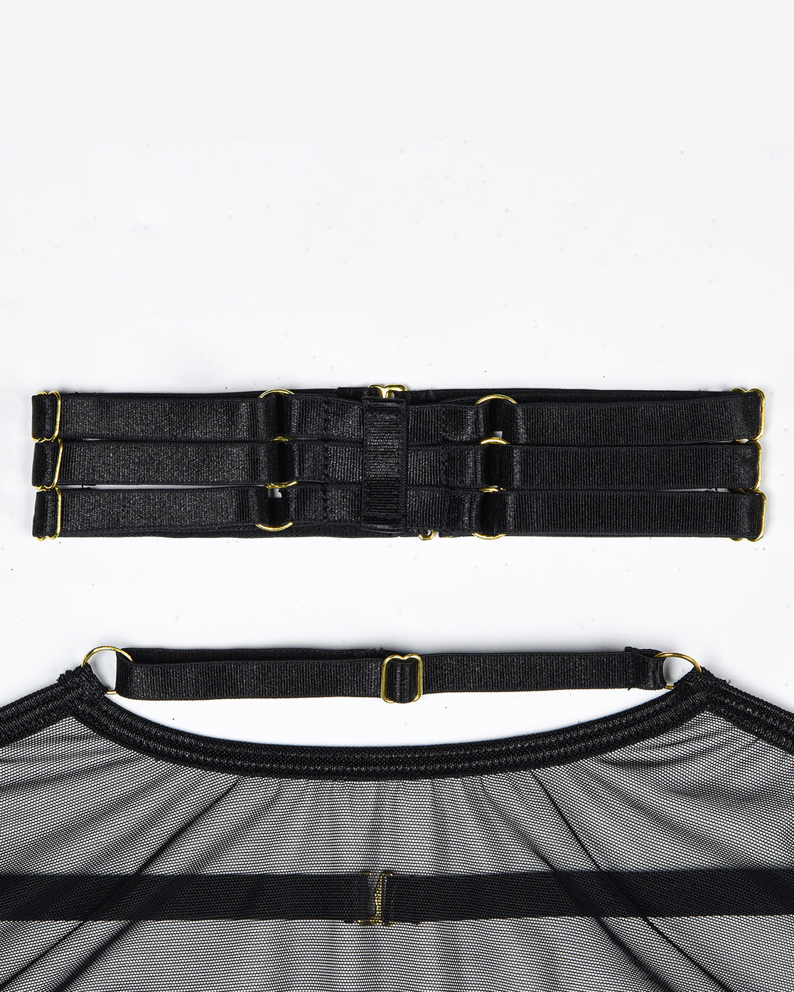 Black sheer mesh bra band with adjustable straps and gold-tone hardware