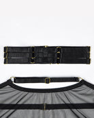 Black sheer mesh bra band with adjustable straps and gold-tone hardware