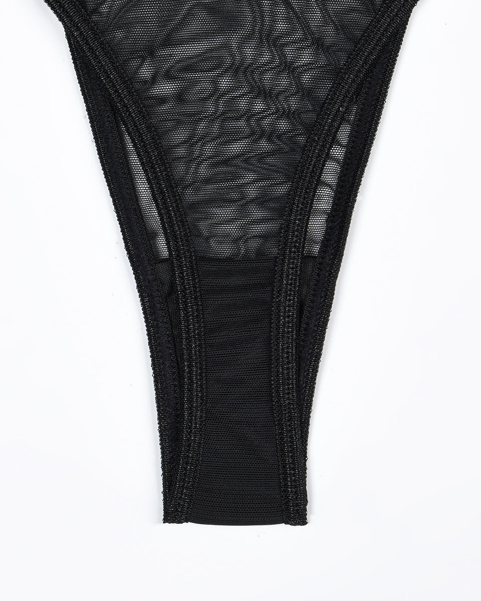 Black sheer mesh thong with scalloped edges and double-layer front
