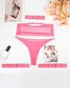 Pink sheer mesh bra and thong set with elastic straps and wide underband