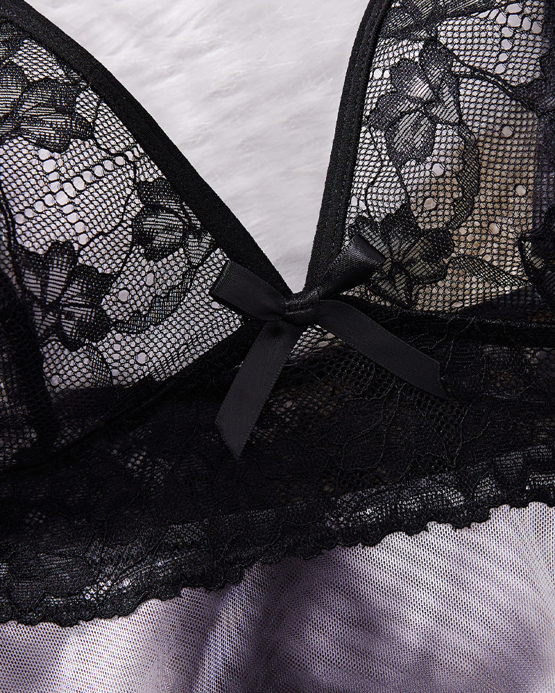 Black lace babydoll bra-style lace cups with bow and lace trim band