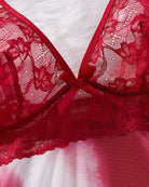 Red lace babydoll with scalloped hem and pink gradient mesh skirt, bow at front