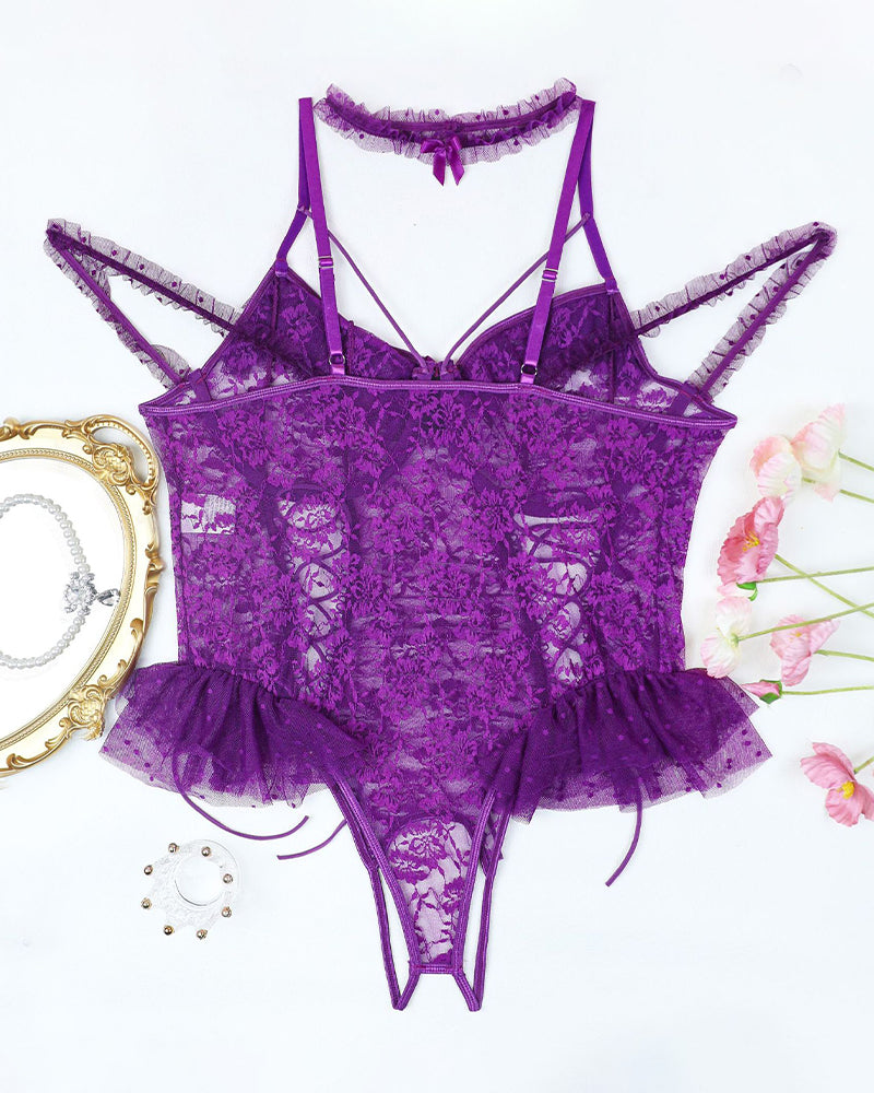 Purple sheer lace bodysuit with ruffled shoulder straps and lace-up front
