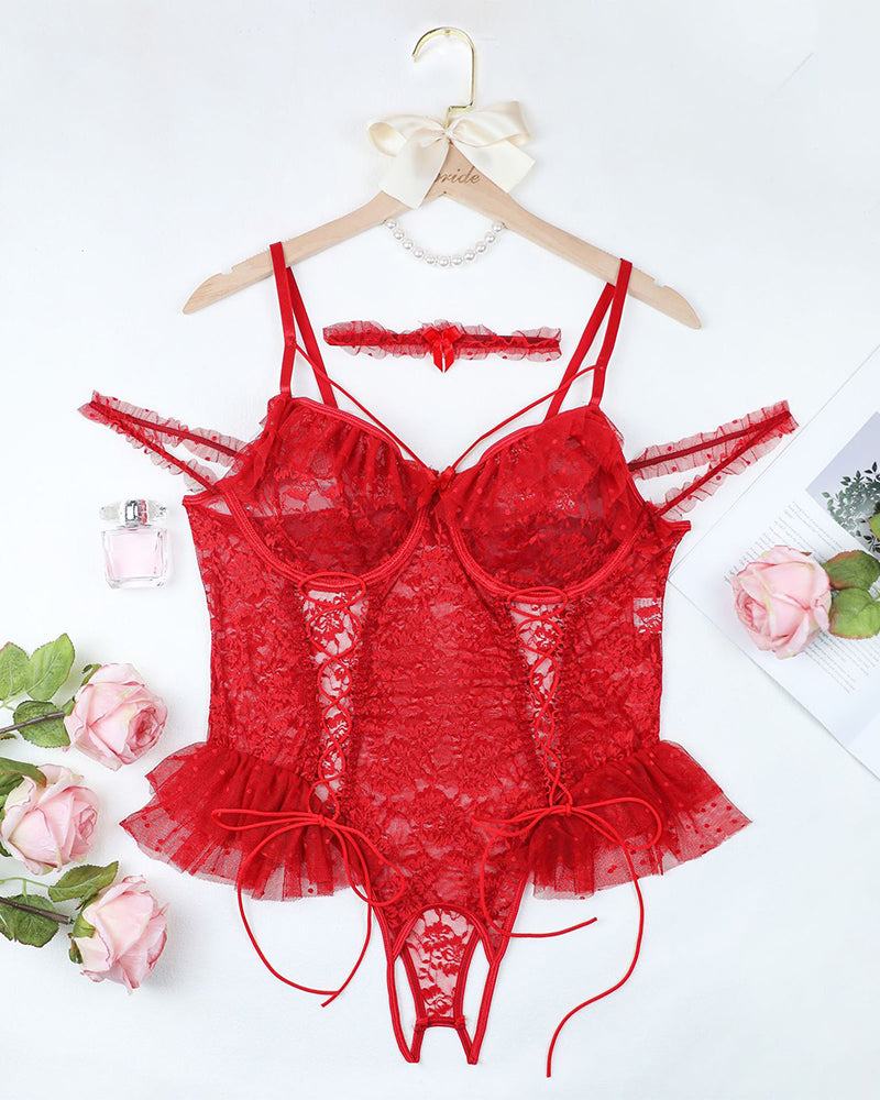 Red sheer lace bodysuit set with underwire cups, garter straps, and ruffled trim