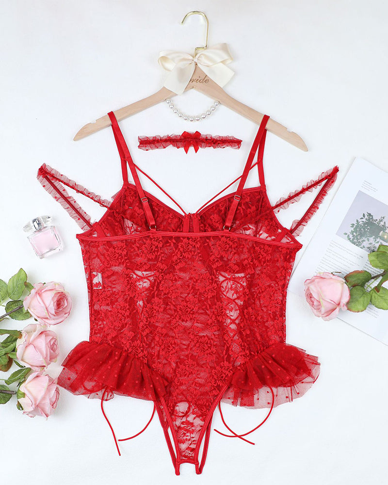 Red sheer lace bodysuit with underwire cups, ruffled peplum, and lace garter straps