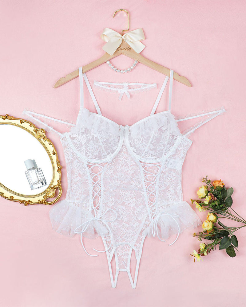 Sheer lace bodysuit set, white color, on hanger with bow straps and lace details