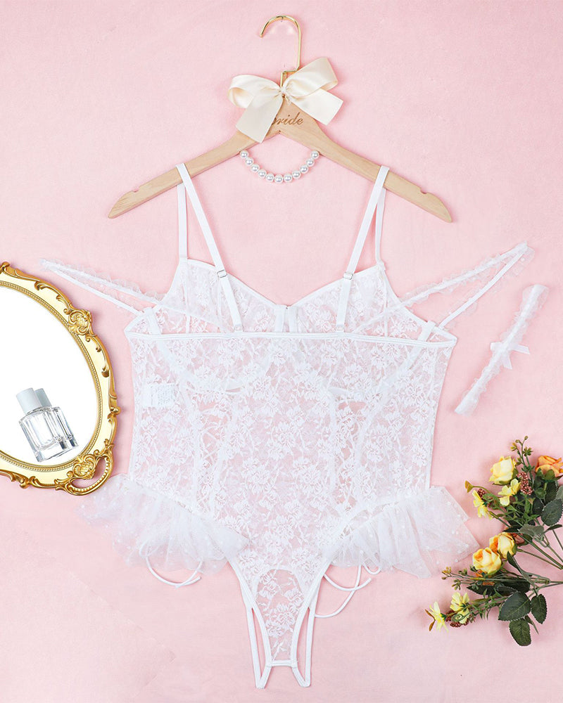 Sheer lace bodysuit set, white on hanger, thin straps, lace pattern and tulle accents