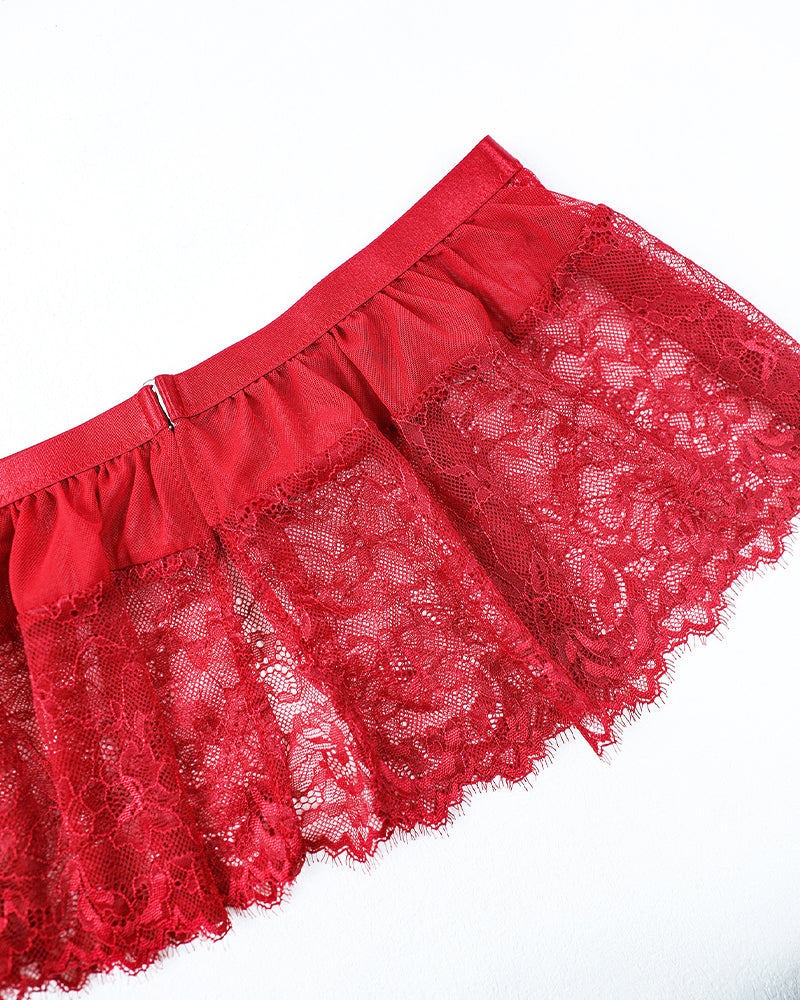 Plus size floral lace bodysuit set in red, scalloped lace hem with ruffle