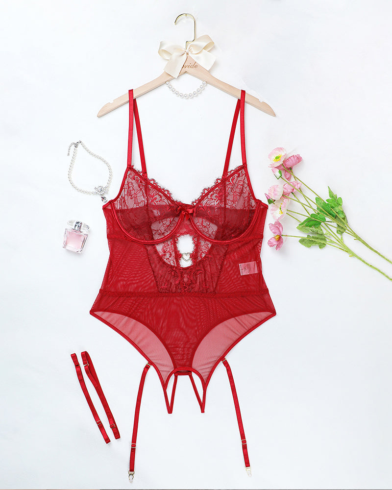 Wine red floral lace bodysuit set with heart cutout, garter straps, on hanger