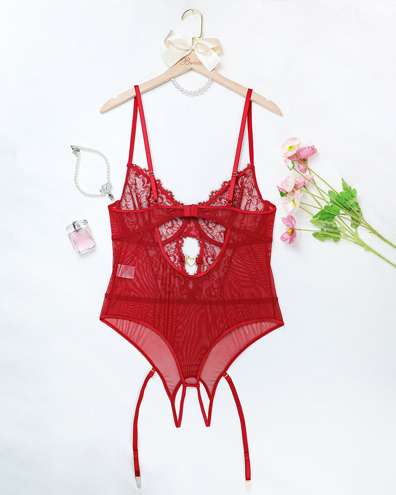 Wine red floral lace bodysuit set with heart cutout and garter straps, on hanger