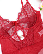 Wine red floral lace bodysuit set close-up of underwire cups and heart cutout
