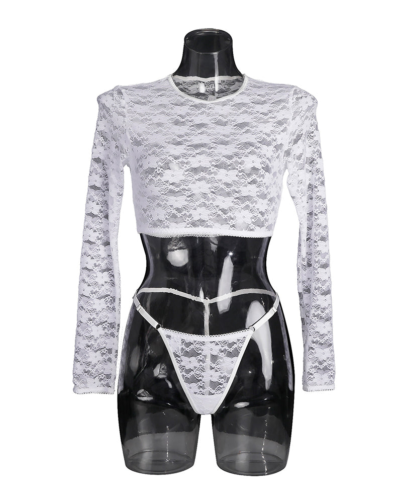 White sheer lace long-sleeve crop top and thong set on mannequin
