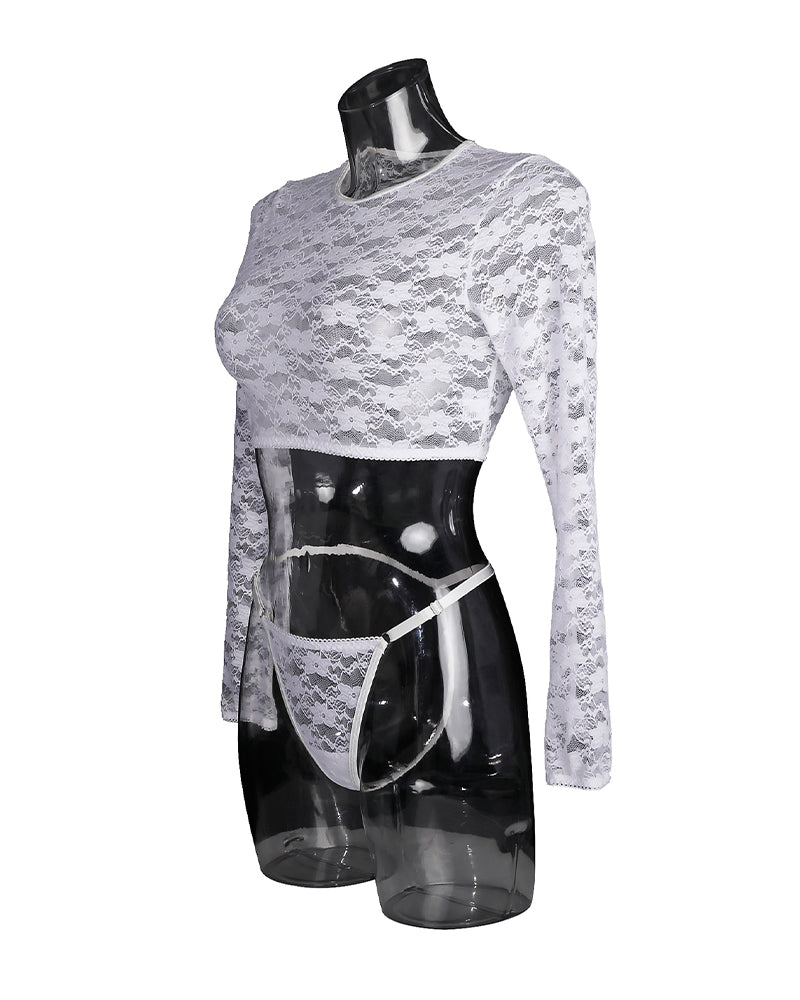 Sheer lace long-sleeve blouse with floral pattern, paired with matching lingerie bottoms