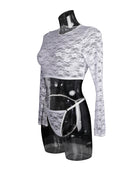 Sheer lace long-sleeve blouse with floral pattern, paired with matching lingerie bottoms