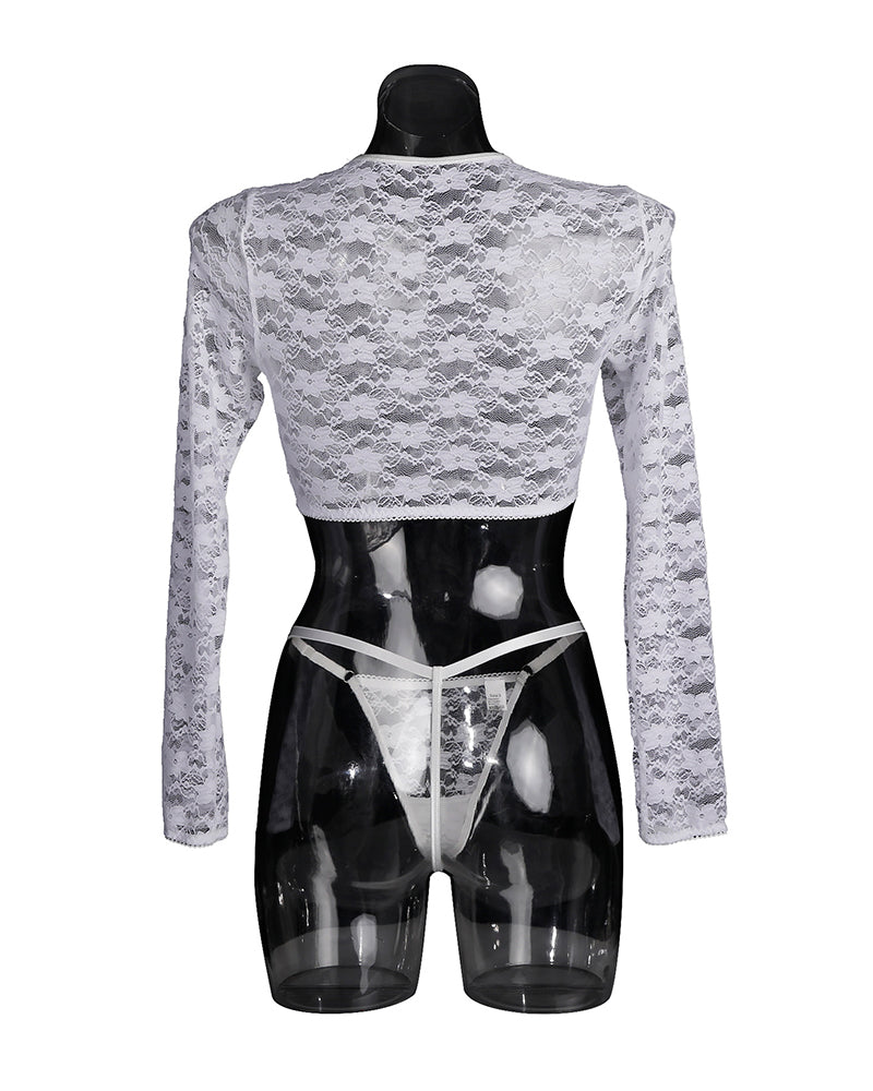 Sheer lace long-sleeve blouse back view with floral texture, matching lingerie set