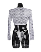 Sheer lace long-sleeve blouse back view with floral texture, matching lingerie set