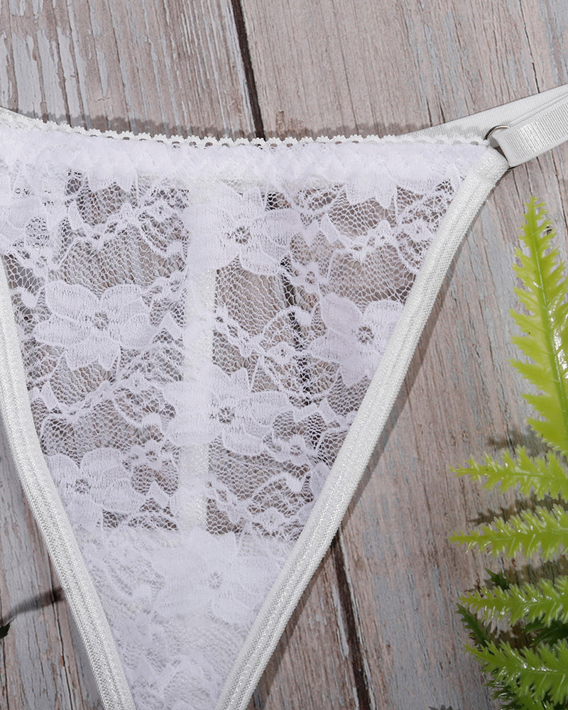 White sheer lace thong with elastic waistband and T-back style