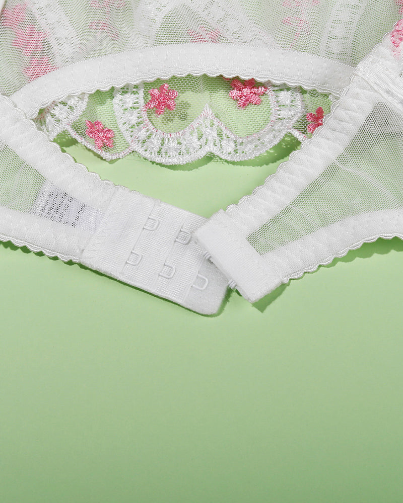 Heart-shaped embroidered lace lingerie top, white with pink floral details