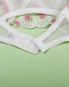 Heart-shaped embroidered lace lingerie top, white with pink floral details