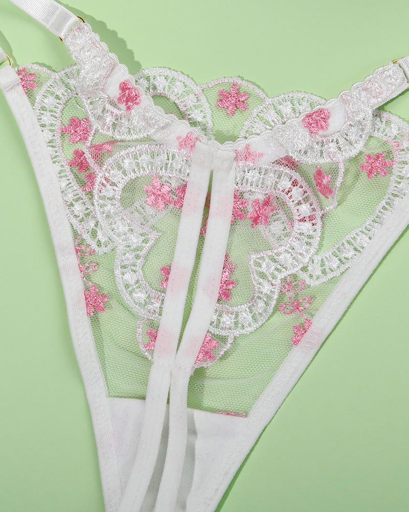 Embroidered lace heart bra with pink floral stitching and scalloped neckline