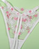 Embroidered lace heart bra with pink floral stitching and scalloped neckline