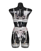 Front view of white lace lingerie set with heart embroidery, underwire bra, garter straps.