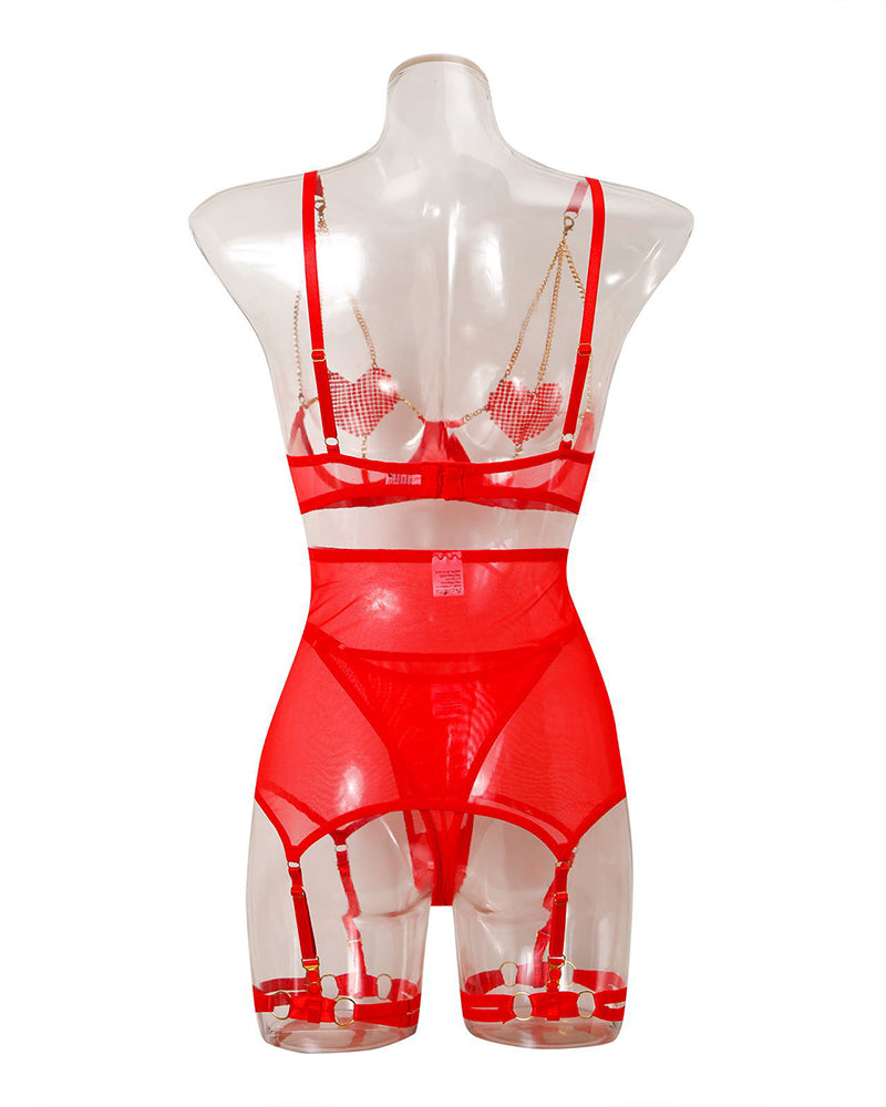 Red mesh lingerie set with heart print, chain straps, and matching garters, 5-piece