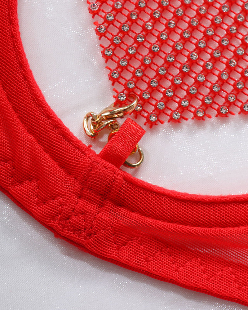 Red sheer mesh thong with heart-chain clasp detail