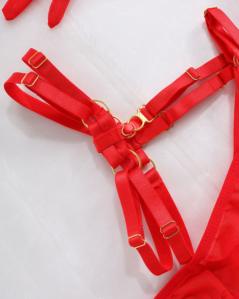 Red mesh garter harness with adjustable straps and gold-tone buckles