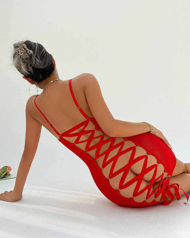 Red backless lace-up mini dress with crisscross open back straps