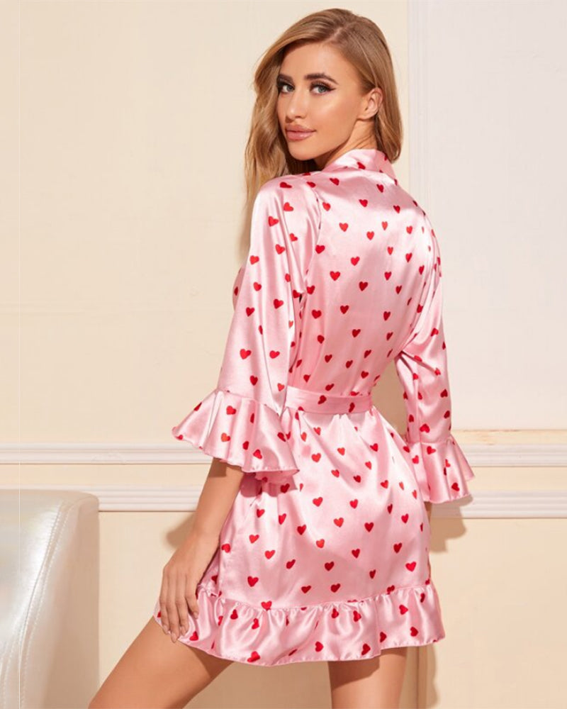 Pink heart-print satin kimono robe with ruffle sleeves and matching shorts set