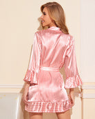 Pink satin kimono robe and shorts set with vertical stripes and tie waist