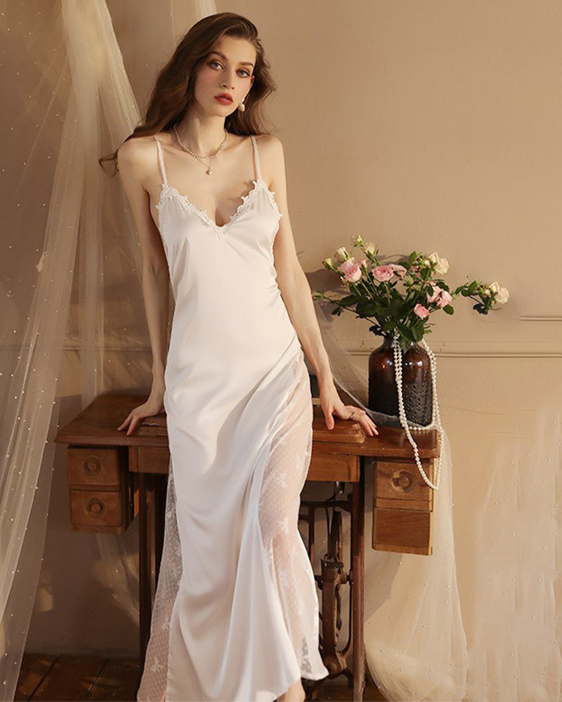 White satin nightdress with lace-trim neckline and thin straps, fitted side drape