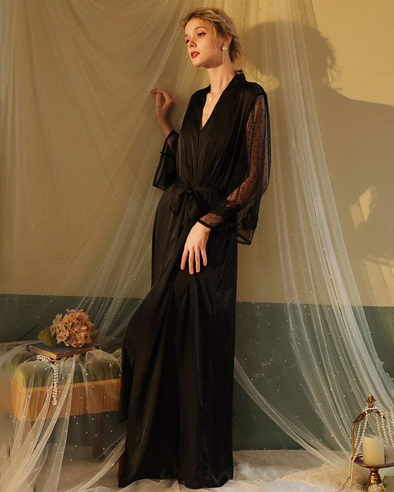 Black satin night robe with lace long sleeves and tie waist, deep V-neck
