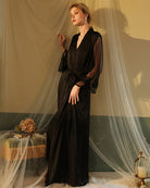 Black satin night robe with lace long sleeves and tie waist, deep V-neck