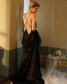 Black satin night robe with open back and lace-trim crisscross straps