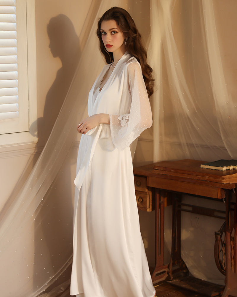 White satin long-sleeve night robe with lace yoke and ribbon-tied waist
