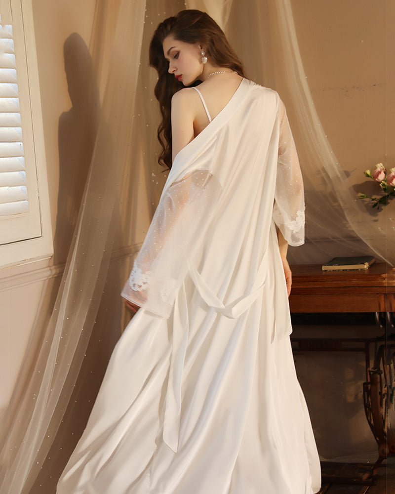 White satin night robe with lace accents and draped back detail