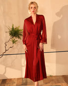 Wine red satin night robe with lace sleeves and tie waist, V-neck front