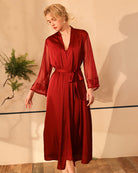 Wine red satin night robe with lace sleeves and tie waist, V-neck