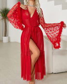Red sheer belted nightgown with long flared sleeves and feathered cuffs